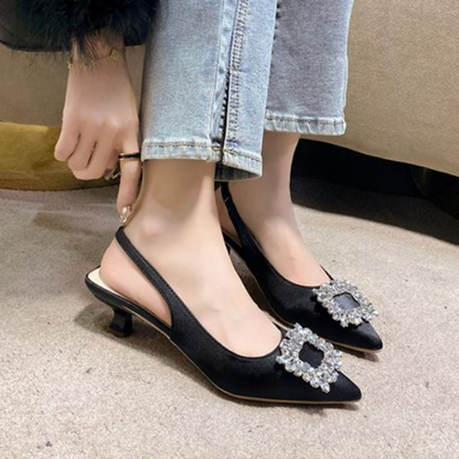 Sandales d'été pour femmes, nouvelles chaussures pour femmes, chaussures pointues à bout ouvert, chaussures à diamants roses Nude, chaussures à talons bas avec bride arrière, chaussures habillées pour femmes