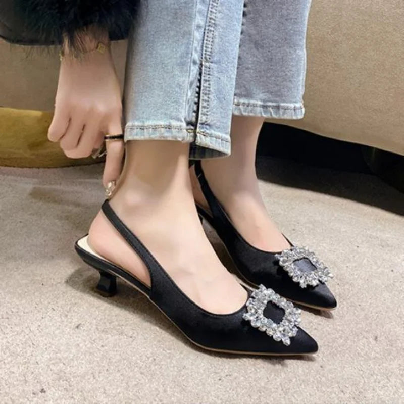 Sandales d'été pour femmes, nouvelles chaussures pour femmes, chaussures pointues à bout ouvert, chaussures à diamants roses Nude, chaussures à talons bas avec bride arrière, chaussures habillées pour femmes