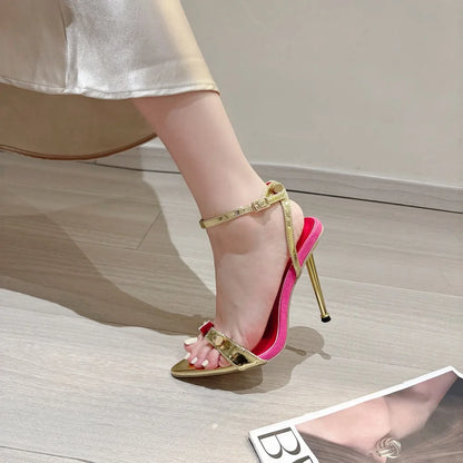 Eilyken Estate Oro Argento Rivetto Design Fibbia Cinturino Sandali da donna Sexy Open Toe Stripper Tacchi sottili Scarpe Zapatos Mujer