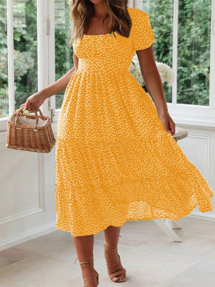 Abiti vintage stampa vintage manica a sbuffo estate spiaggia abiti dolci casual colletto quadrato floreale maxi abito lungo festa