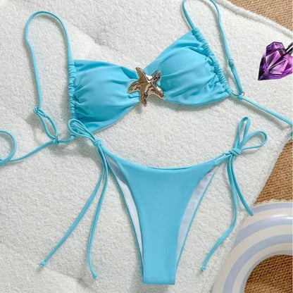 Costume da bagno bikini sexy a tinta unita, due pezzi, ad asciugatura rapida, senza schienale, in tessuto di nylon ad alta elasticità per nuoto e attività acquatiche.