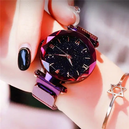 Orologi da donna con cielo stellato alla moda, fibbia magnetica, cintura in rete, orologio al quarzo con diamanti, orologio da donna