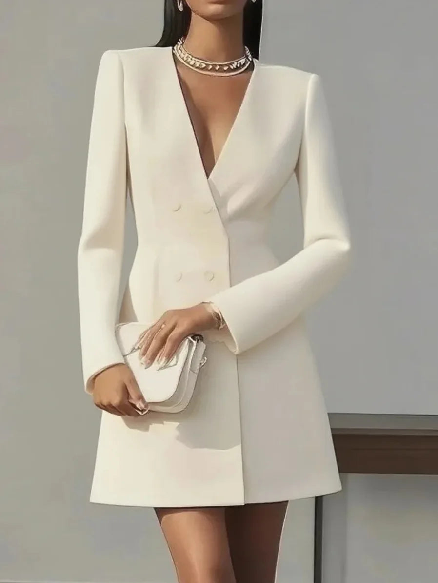 2026 nuove donne moda doppiopetto profondo scollo a V abito slim-fit abito elegante formale festa ufficio affari minigonna