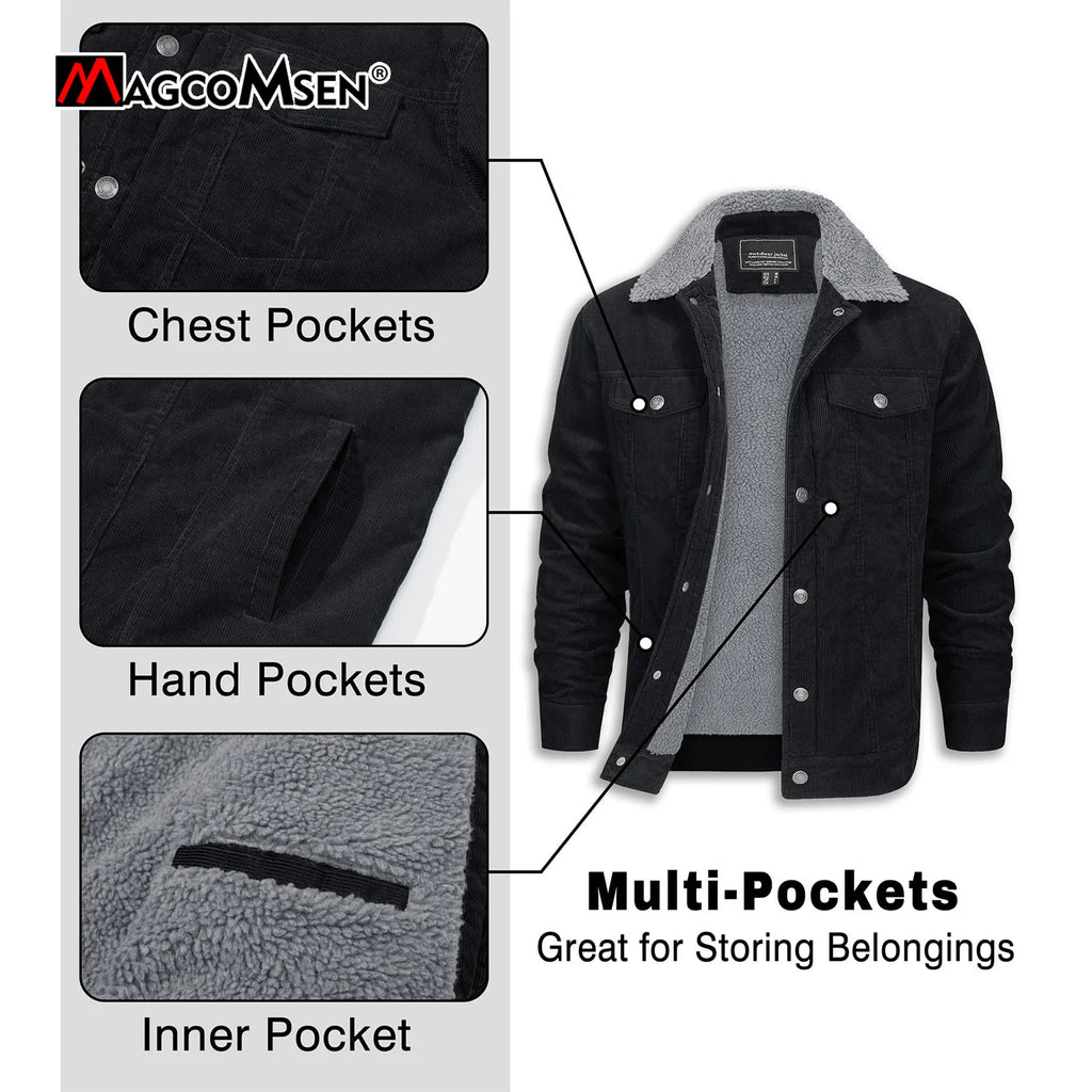 MAGCOMSEN Giacche di velluto a coste da uomo Giacca a vento in pile Sherpa vintage Cappotti invernali spessi e caldi Giacca di jeans casual multitasche