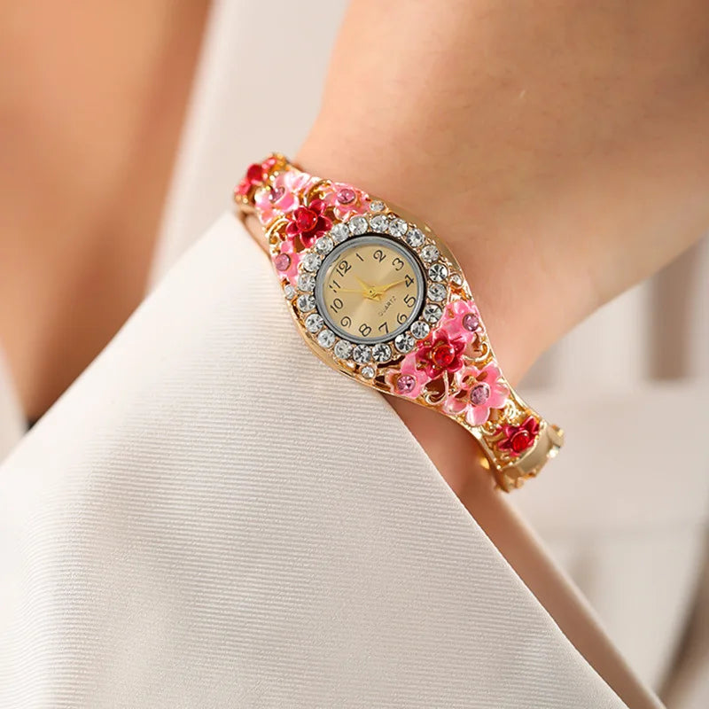 Orologi da donna Orologio al quarzo con strass in acciaio inossidabile Orologio da donna con fiore alla moda Bracciale vintage Elegante orologio da polso zegarek damski