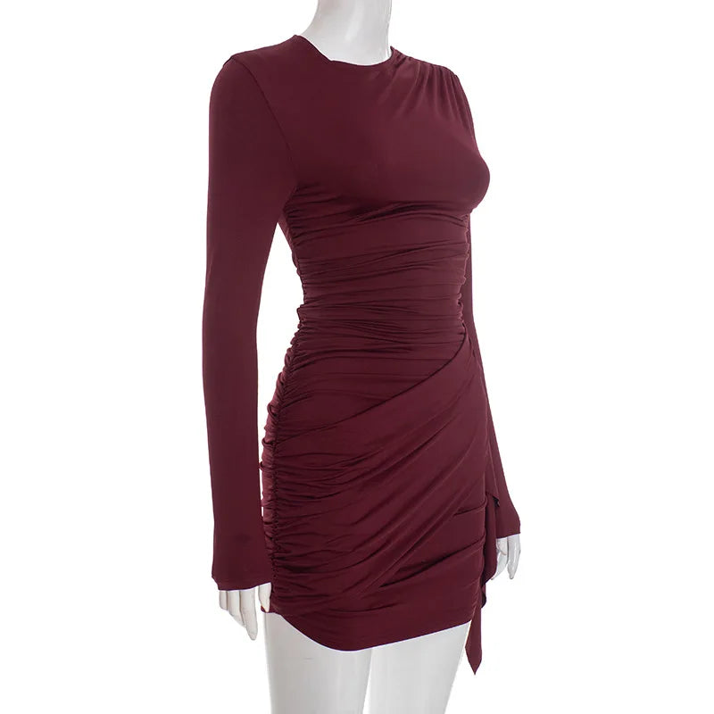Abito tubino sottile solido girocollo Moda donna manica lunga avvolgente corto mini abiti a vita alta Lady 2026 abito da sera per feste