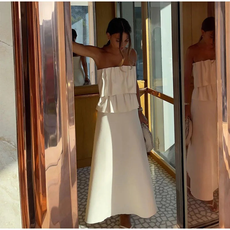 Abito lungo senza spalline con pieghe a strati sexy Abito da donna slim fit con spalle scoperte Abito senza maniche a trapezio Abito da sera estivo femminile