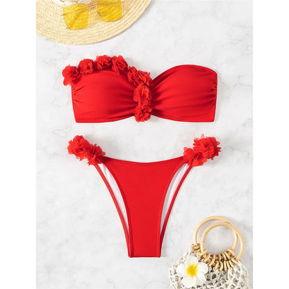 XS - L Fiori 3D Bikini a fascia taglio alto Costumi da bagno donna Costume da bagno femminile Bikini a due pezzi Costume da bagno bagnante Costume da bagno V5961