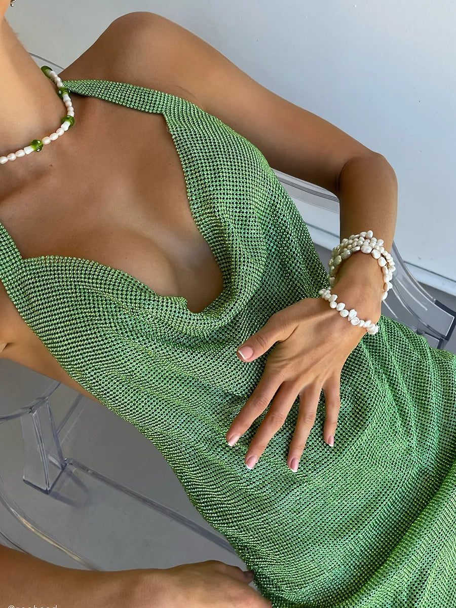Mini abito sexy con scollo a V senza schienale per le donne Abiti da sera da club per feste con strass lucidi con scollo all'americana e spacco laterale