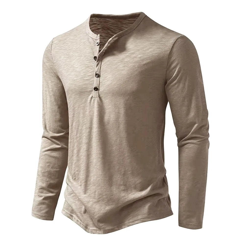 Camicia da uomo in cotone con bottoni e collo a Henley, manica lunga, bottoni casual, tinta unita, magliette alla moda