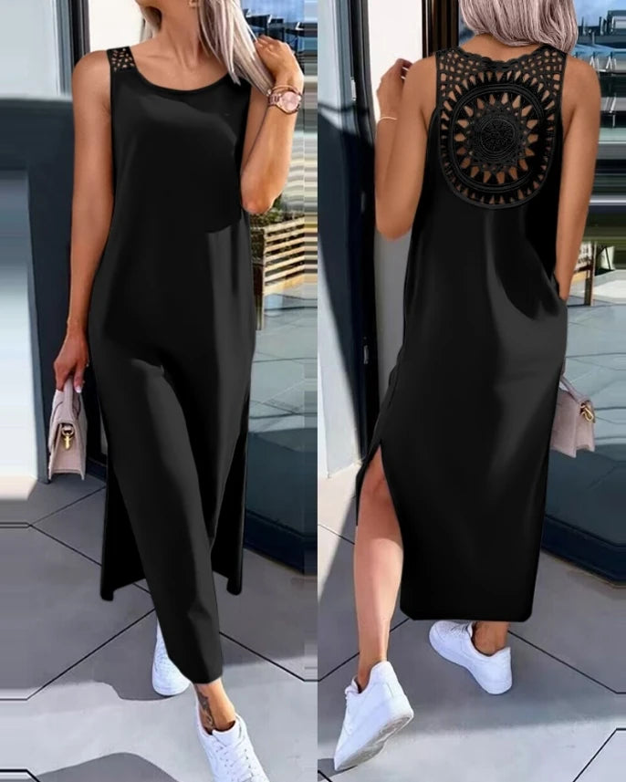 Abiti da donna 2024 Moda estiva con spacco scavato Casual tinta unita girocollo senza maniche abito dritto quotidiano a metà polpaccio