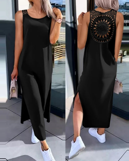 Abiti da donna 2024 Moda estiva con spacco scavato Casual tinta unita girocollo senza maniche abito dritto quotidiano a metà polpaccio