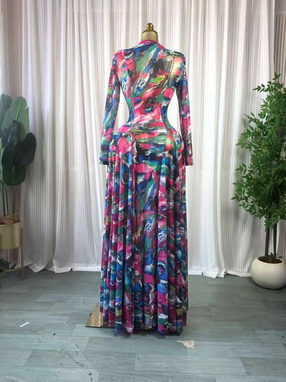 CM.YAYA Donne O-Collo Manica Lunga Grande Swing Tie Dye Stampa Abito Lungo 2026 Feste Sexy Vacanze Da Sera Maxi Abiti Abiti