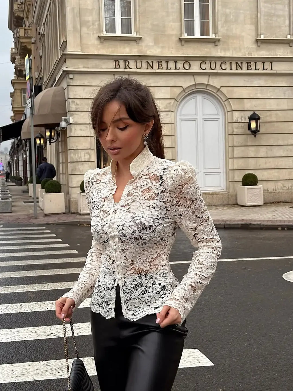 Elegante pizzo vedere attraverso camicia cinese donna sexy manica intera monopetto slim camicetta corta 2026 Lady Daily Street Shirts