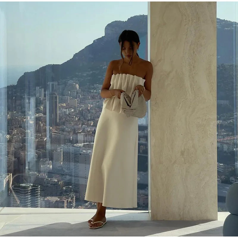 Abito lungo senza spalline con pieghe a strati sexy Abito da donna slim fit con spalle scoperte Abito senza maniche a trapezio Abito da sera estivo femminile