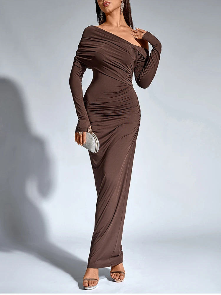NewAsia Abito lungo da donna a maniche lunghe con collo asimmetrico e monospalla increspato aderente Fashion Club Party Maxi abiti Marrone Autunno