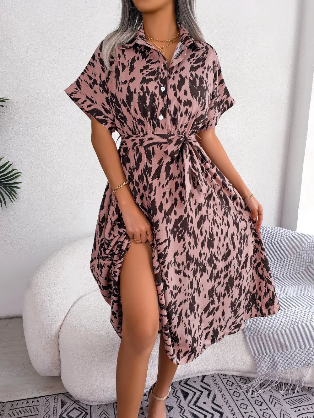 Ficusrong donna estate Casual allentato leopardo Lace Up camicia vestito per le signore moda tutti abbinati abiti Chic