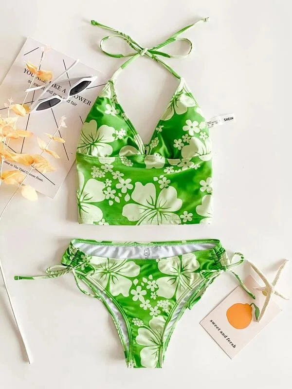 Costume da bagno sexy con stampa floreale gialla Set da donna Halter Push Up Crop Top Costume da bagno 2025 Costume da bagno da spiaggia con lacci Costumi da bagno a vita alta