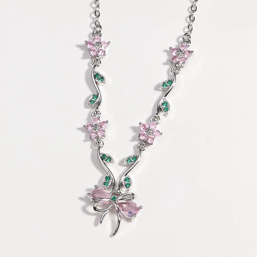 Summer New Fashion Exquisite Bow Leaf Flower Necklace For Women's Elegant Pink Zircon Chain Pendant Jewelry Gifts