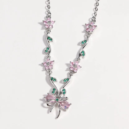 Summer New Fashion Exquisite Bow Leaf Flower Necklace For Women's Elegant Pink Zircon Chain Pendant Jewelry Gifts