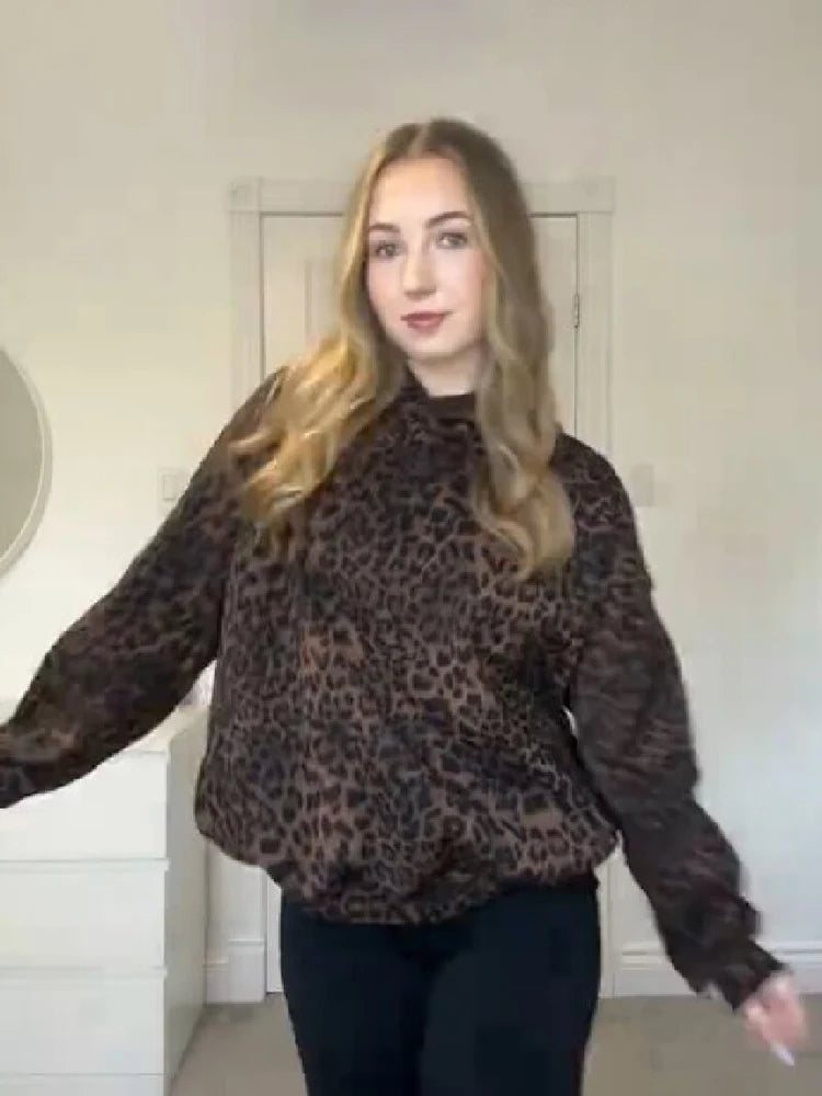 Felpa con Cappuccio Vintage Chic con Stampa Leopardata, Maniche Lunghe, Vestibilità Ampia, Stile Casual, Outfit Trendy e alla Moda per Donna