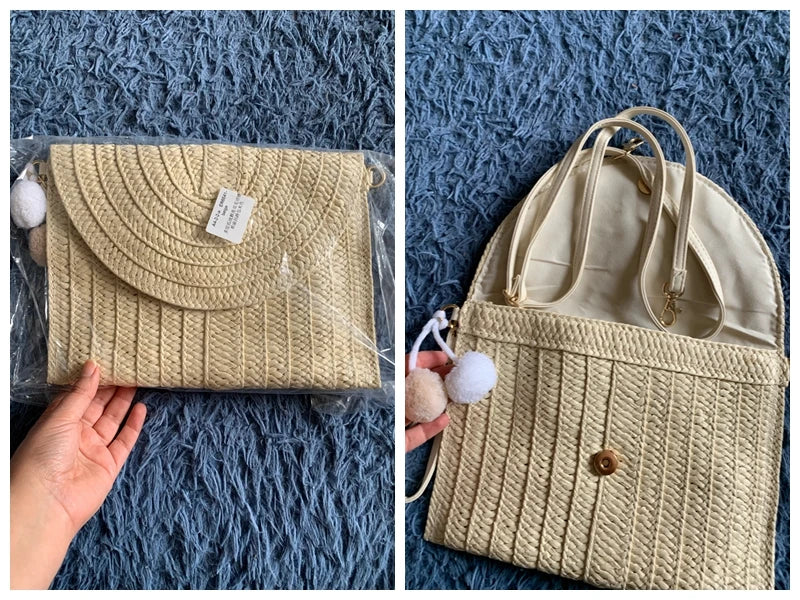 Pochette di paglia da spiaggia estiva borsa a tracolla con ciondolo a sfera carina per le donne borse a tracolla da viaggio borsa da donna borse Casual borsa di vimini