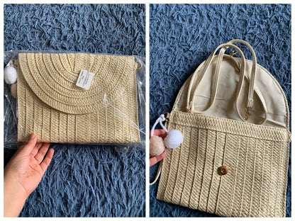 Pochette di paglia da spiaggia estiva borsa a tracolla con ciondolo a sfera carina per le donne borse a tracolla da viaggio borsa da donna borse Casual borsa di vimini