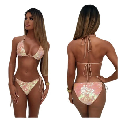 Solid Bikini Sexy Swimsuit Halter Swimwear Bathing Suit Women Bling Sequin Bikini Set Beach Wear Dropshipping Monokini Glitter