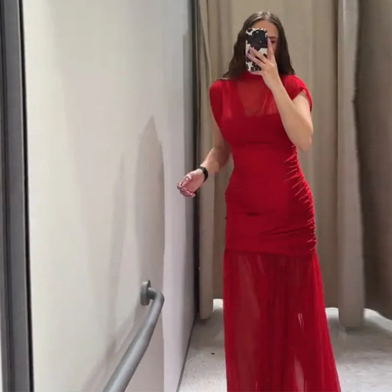 Maglia sexy vedere attraverso lungo abito rosso senza maniche piega patchwork a-line maxi abiti da festa femminile 2025 estate signora abiti slim