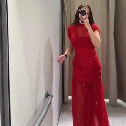 Maglia sexy vedere attraverso lungo abito rosso senza maniche piega patchwork a-line maxi abiti da festa femminile 2025 estate signora abiti slim