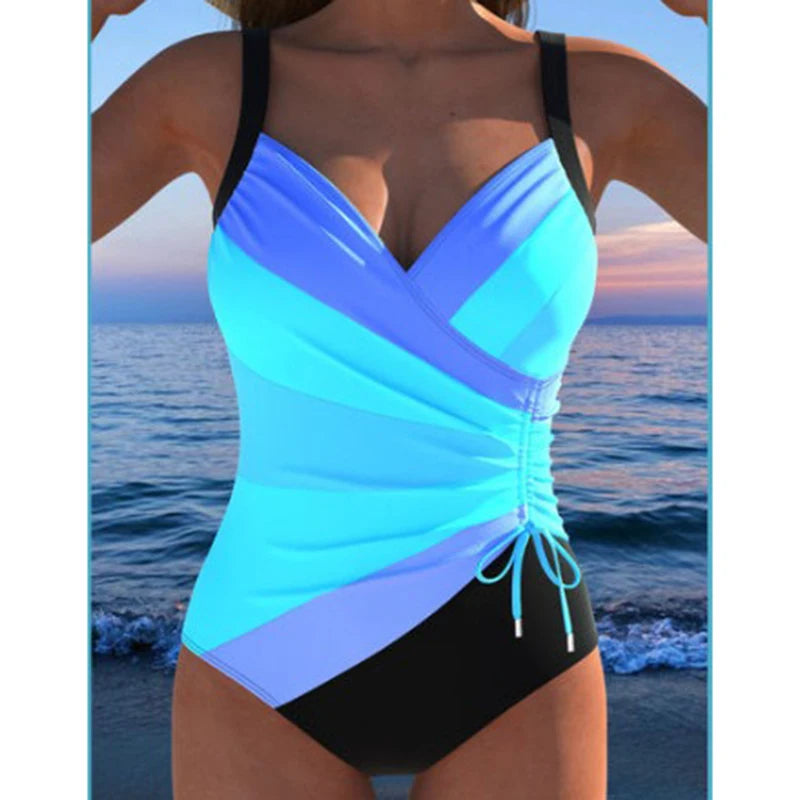 Printing V Neck Swimming Suit for Women Fashion Slim Side Drawstring Bathing Suit Bodysuit Female One Piece Swimsuit Beachwear