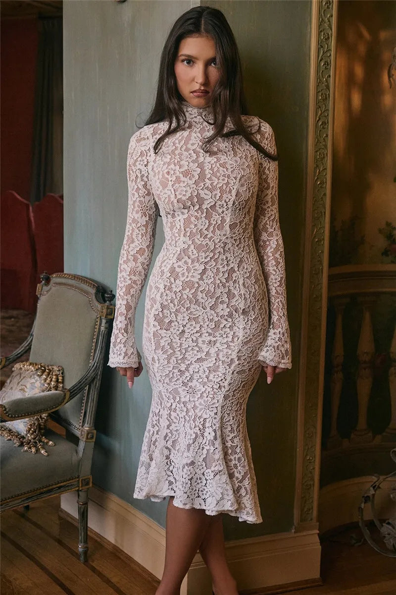 Abito longuette sexy a maniche lunghe in pizzo Mozision per donna Elegante abito lungo sexy da festa aderente a vita alta con collo a metà alto bianco