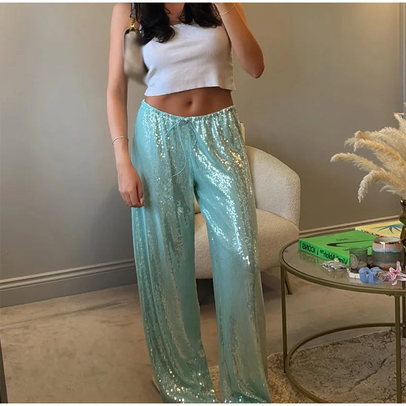 Pantaloni da donna trasparenti con perline alla moda Pantaloni elastici in vita a gamba larga Party Club Pantaloni marroni 2025 Primavera Estate Lady Capispalla larghi