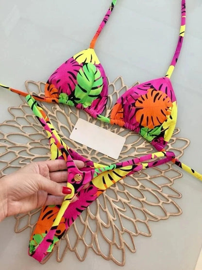 Summer Print Sexy Bikini Sets Halter Lace-up Tops Thongs Beach Style Bathing Suit Y2k Swimsuits Women Beachwear Fashion New