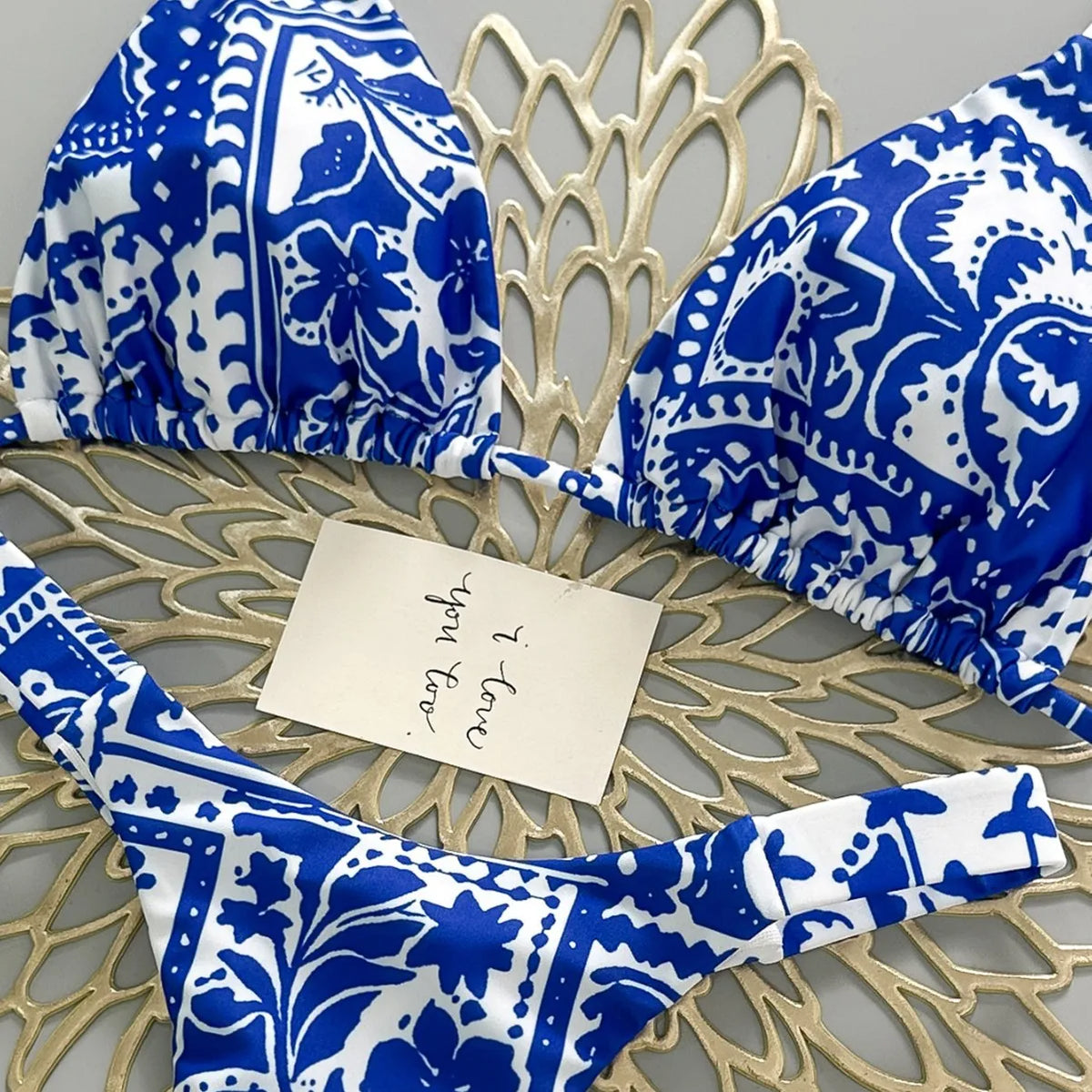 2026 Blue and White Porcelain Printed Bikini Neck Triangle Cup Split Swimsuit Women's Beach Holiday Swimsuit