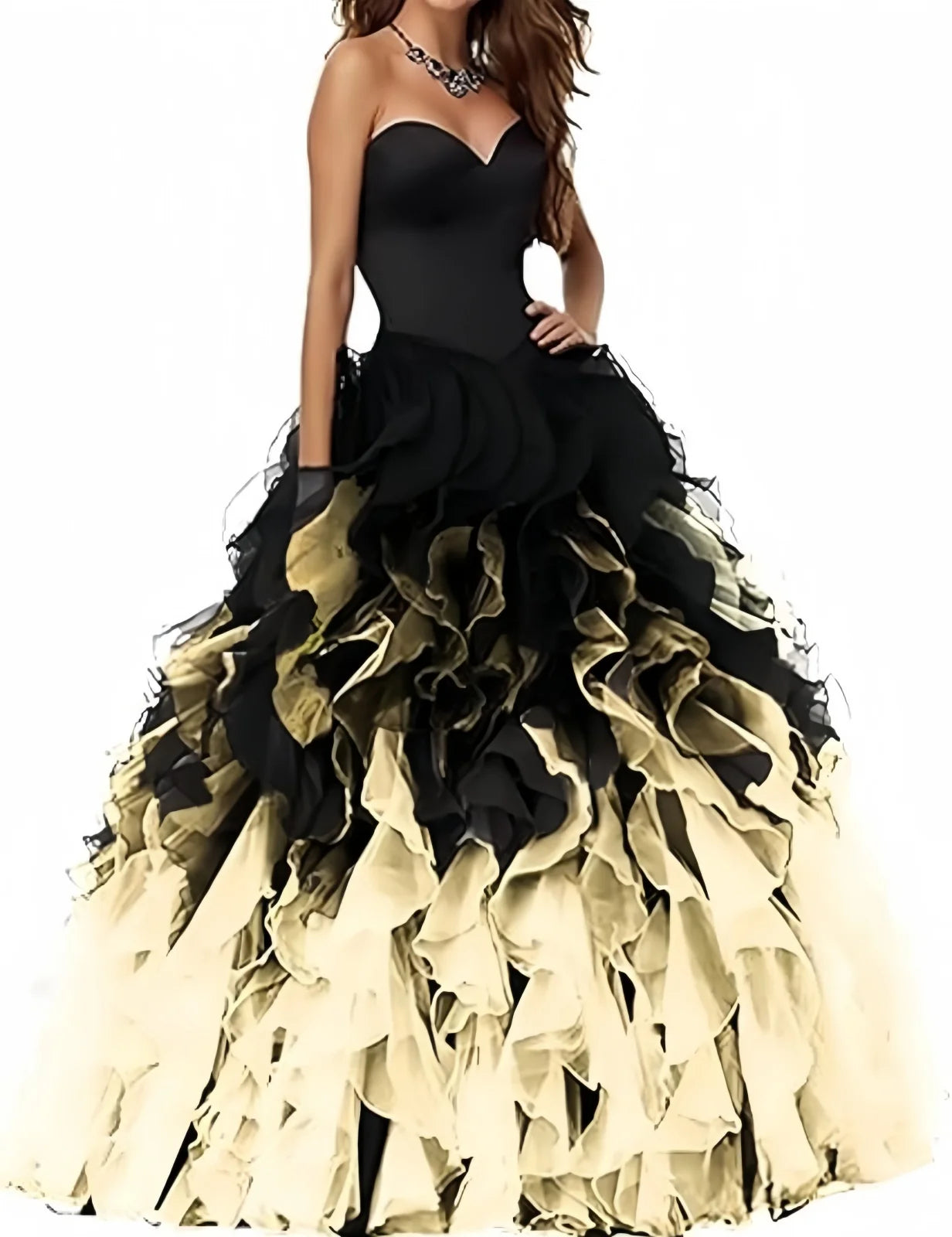 Abito Quinceanera in organza senza spalline con volant Abiti da ballo Abito da ballo lungo gonfio con scollo a cuore Ombre Abito da cocktail da sposa