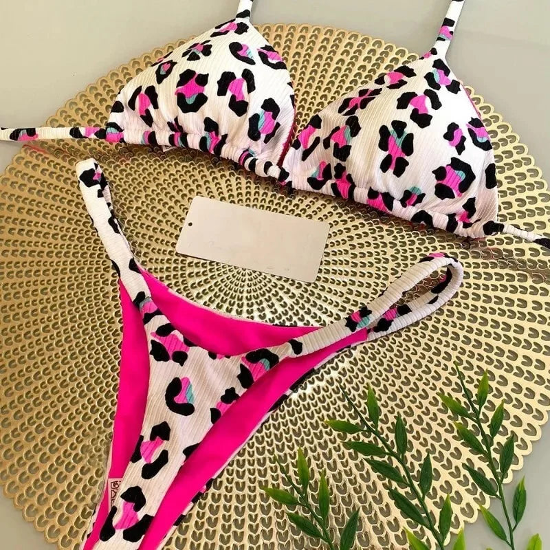 Nouveau bikini femme à imprimé fendu Maillot de bain mode G-string Vacances à la plage