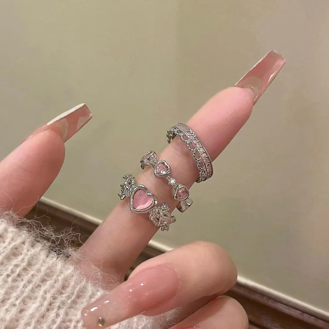 Set da 3 pezzi Anelli a forma di cuore d'amore per donne Ragazze Luce di lusso dolce strass Anello di apertura Regali di gioielli per feste di nozze di moda
