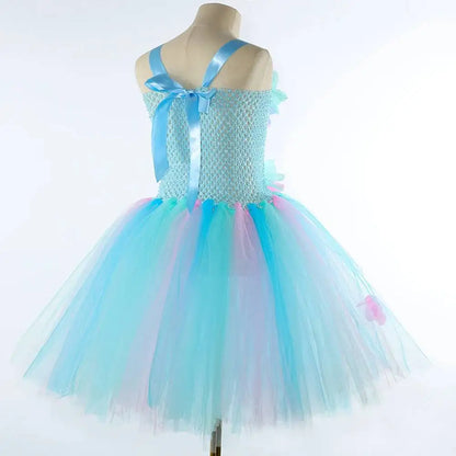 Costumi da fata dei fiori turchese per ragazze Abiti da principessa fata farfalla con ali Bacchetta per bambini Vestito da tutù di carnevale di Halloween