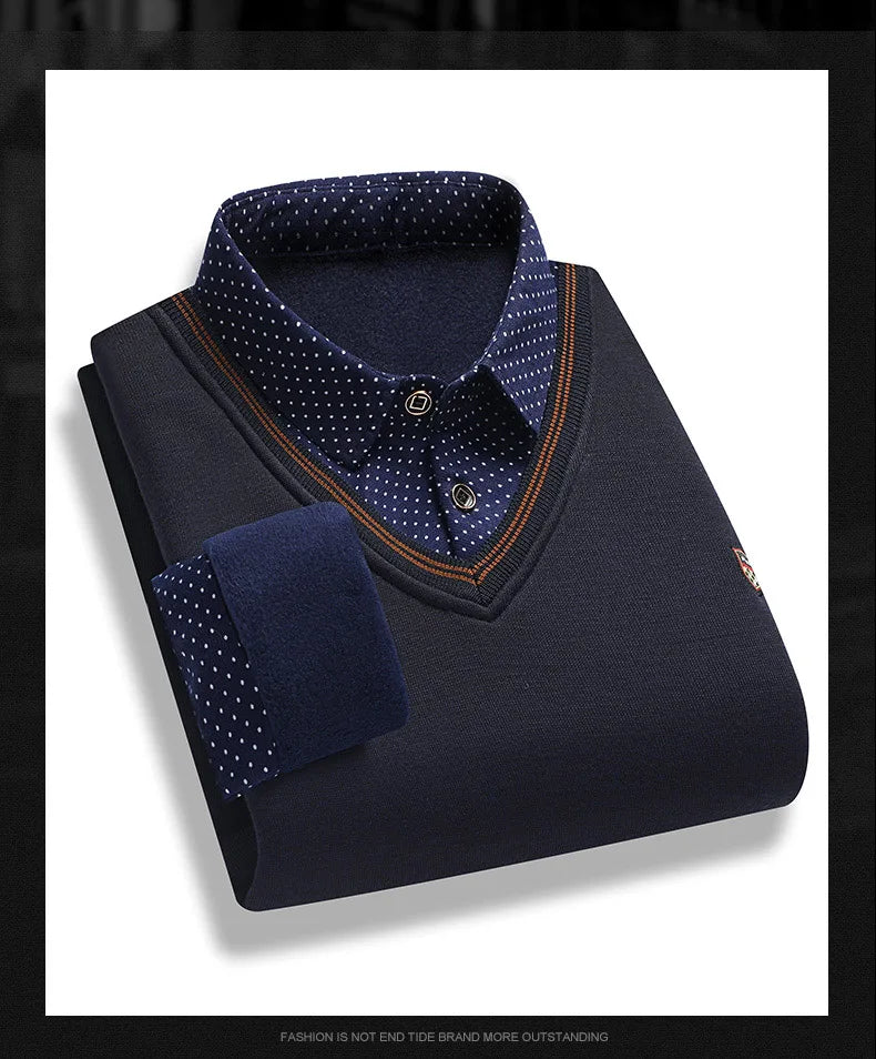 Maglione di peluche da uomo autunno inverno falso pullover in due pezzi polo colletto in pile spesso caldo top vestiti maglioni casual