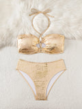 Women Swimsuit Sexy Bikini Gold Color Swimwear Feminine Bikinis Set Solid Beachwear Female Bathing Suit Trikini Dropshipping