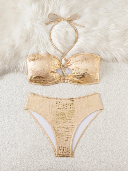 Damen-Badeanzug, sexy Bikini, goldfarben, Bademode, femininer Bikini-Set, unifarbene Strandbekleidung, Damen-Badeanzug, Trikini, Dropshipping