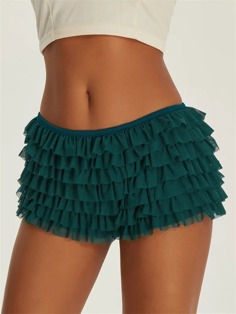 Pantaloncini da donna Pantaloni corti a strati con volant in chiffon tinta unita Vita elastica Bloomers casual Pantaloncini caldi sexy Abbigliamento da casa