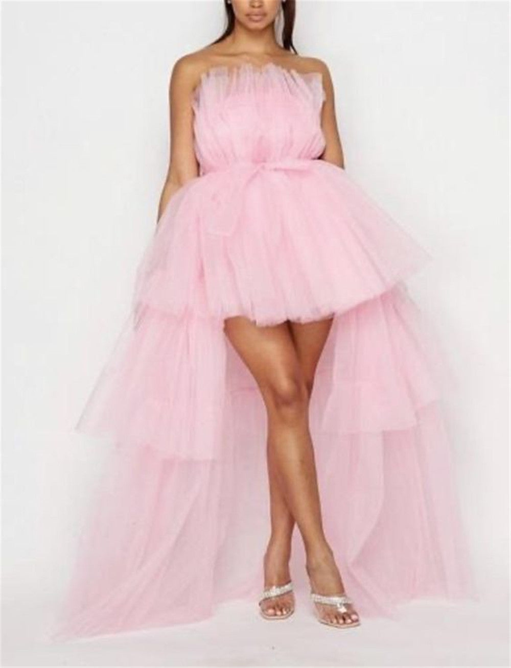 Elegante abito da cerimonia nuziale in tulle a rete per donna senza spalline con spalle scoperte abiti da sera a vita alta abiti da ballo per occasioni formali