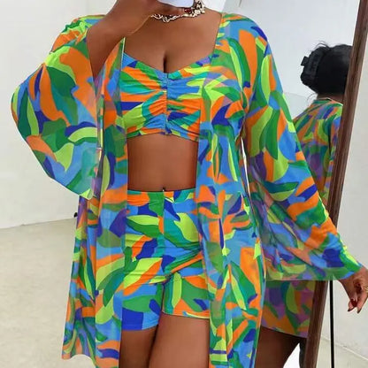 L-4XL Plus Size Set da 3 pezzi Bikini Cover Up Costume da bagno push up da donna Estate Mujer Costumi da bagno con controllo della pancia Set bikini oversize
