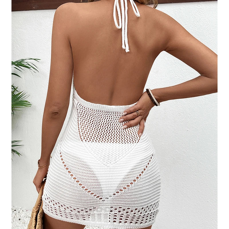Nuovo stile sexy backless tie up halter vestito lavorato a maglia scava fuori costume da bagno cover up donne vacanza al mare colletto a U protezione solare vestito