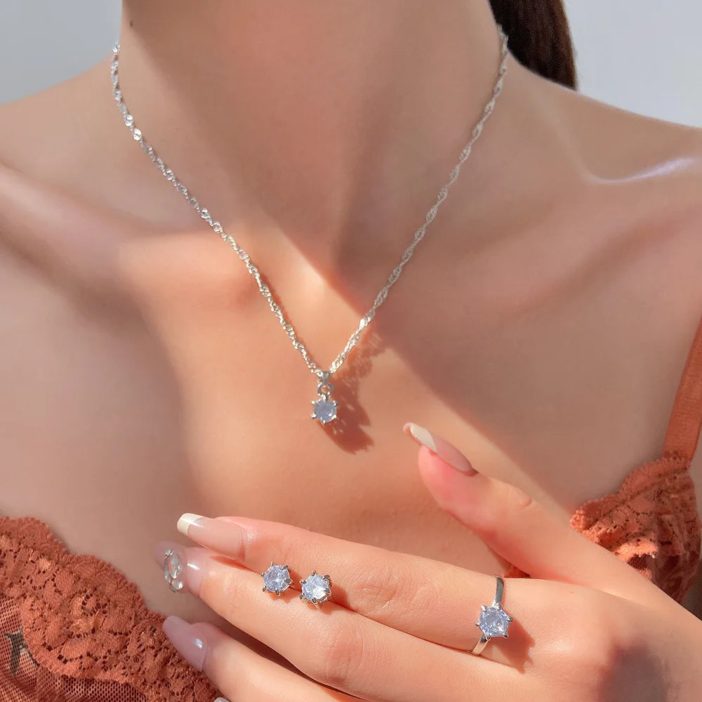 Parure de bijoux élégante en cristal 5 pièces, collier, bracelet, boucles d'oreilles et bague en zircone, parure de bijoux simple, tendance et polyvalente