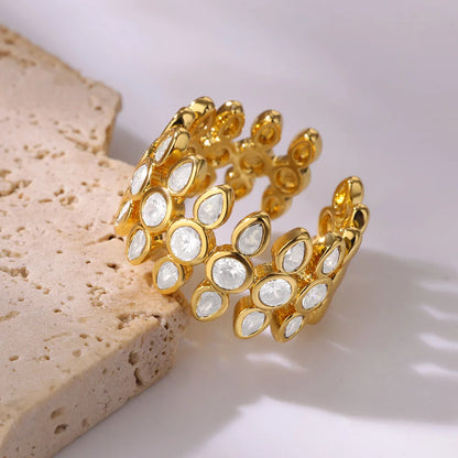 Anelli geometrici in acciaio inossidabile con zirconi bianchi per le donne Accessori regalo per gioielli con anello estetico da sposa regolabile color oro