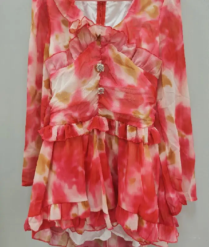 Abito Elegante Floreale da Donna a Trapezio con Pieghe, Mini Abito Sexy a Maniche Lunghe con Volant e Vita Stretta, Abiti da Sera per Vacanze e Street Style 2026