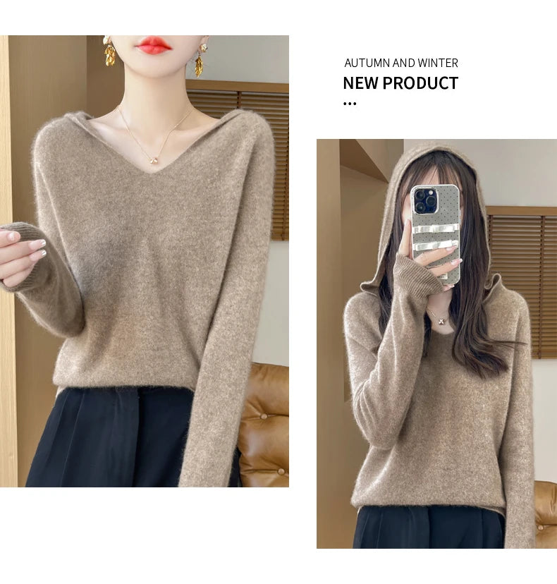 Abbigliamento donna autunno inverno colletto con cappuccio pullover maglione di lana merino 100% nuova moda top in cashmere che tocca il fondo maglieria morbida